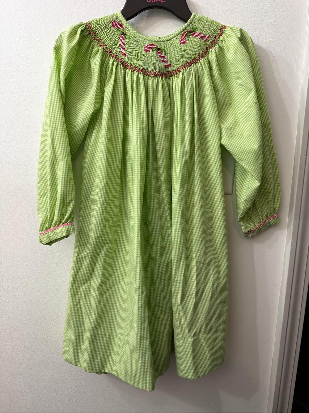 Girls' Lime Green Gingham Smocked Long-Sleeve Dress